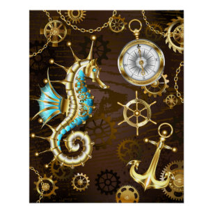 Poster Arrière - plan en bois avec cheval de mer mécaniqu