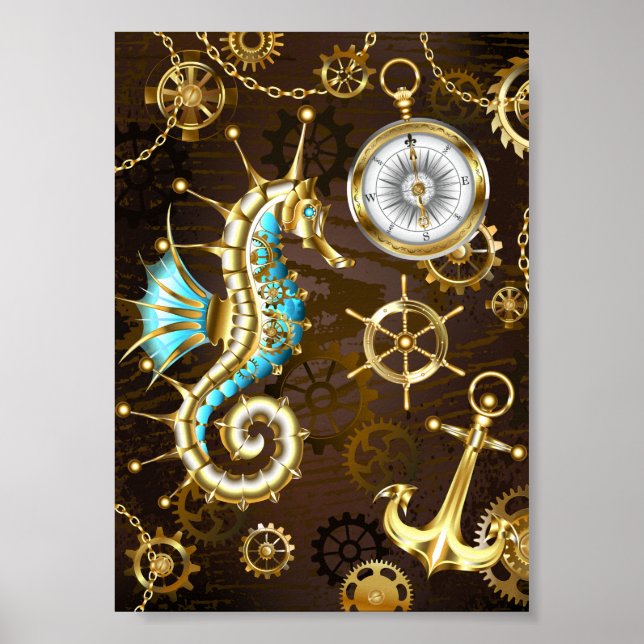 Poster Arrière - plan en bois avec cheval de mer mécaniqu (Devant)