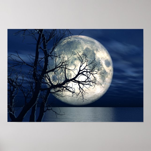 Poster arrière - plan Paysage 3D Avec Lune Sur La Mer (Devant)