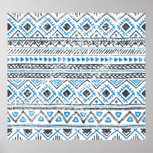 Poster Arrière - plan sans couture blanc bleu ethnique.