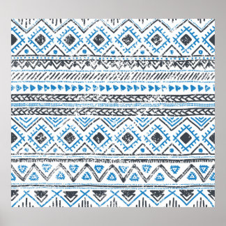 Poster Arrière - plan sans couture blanc bleu ethnique.