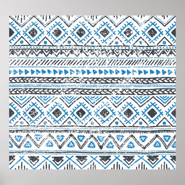 Poster Arrière - plan sans couture blanc bleu ethnique. (Devant)
