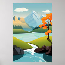 Poster Arrière - plan Vector Lake View Mountain