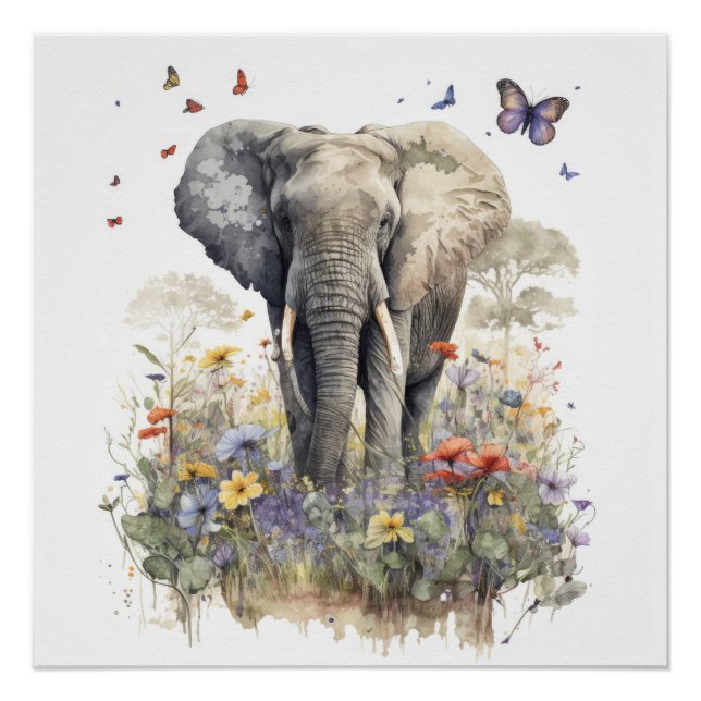 Poster Art à l'aquarelle de l'éléphant (Devant)