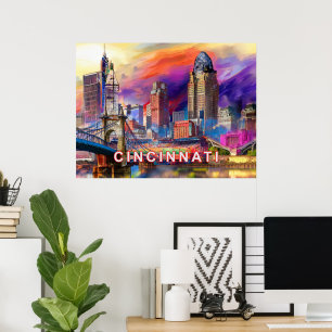 Poster Art abstrait de la skyline de Cincinnati dans l'Oh