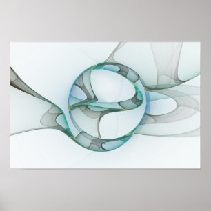 Poster Art Abstrait moderne Fractal Bleu Turquoise Gris