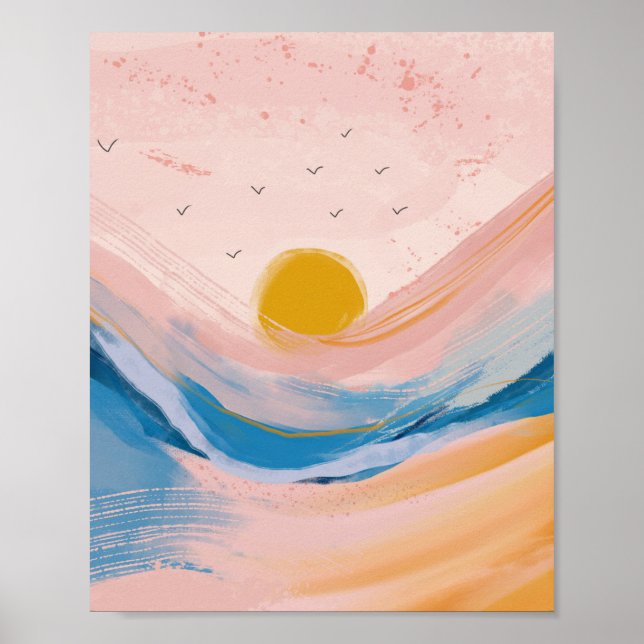 Poster Art Abstrait Ocean Water Landscape rose et bleu (Devant)