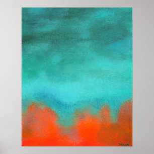 Poster Art Abstrait Sky Fire Lava Rouge Orange Turquoise