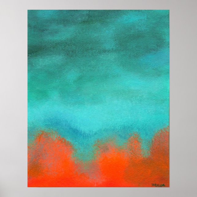 Poster Art Abstrait Sky Fire Lava Rouge Orange Turquoise (Devant)