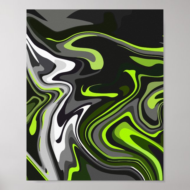 Poster Art Abstrait vert et gris fluide avec des perruque (Devant)