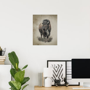 Poster Art animalier bison buffle à l'aquarelle aspect vi