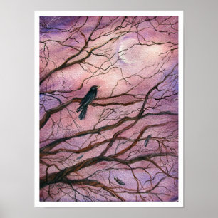 Poster Art aquarelle Corbeau Clair de Lune