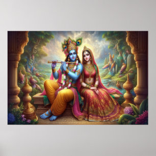 Poster Art Blue Krishna : Radha & Dieu Flûte, Dieu indien