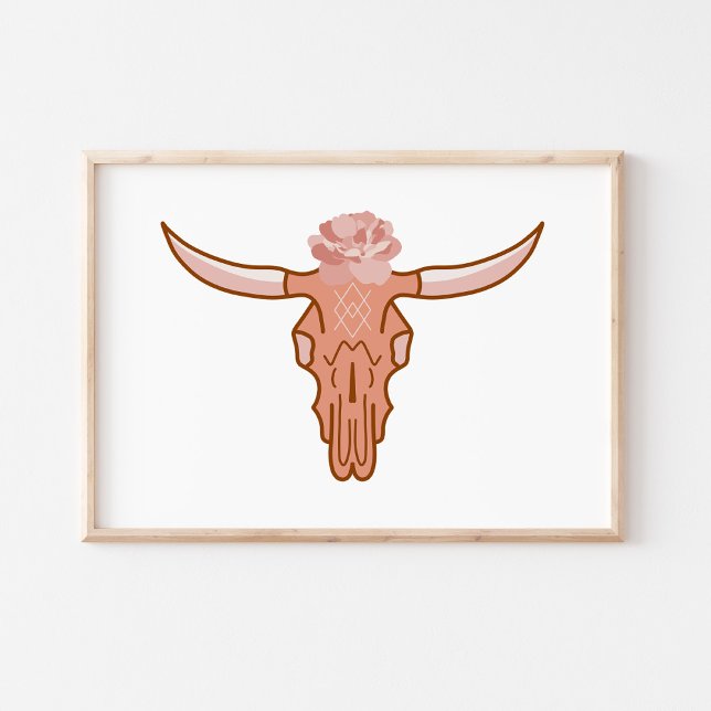 Poster Art Boho Moderne de Crâne de Vache à Motif Floral (Créateur téléchargé)