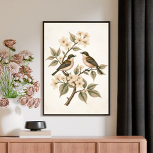 Poster Art botanique vintage de fleurs et d'oiseaux