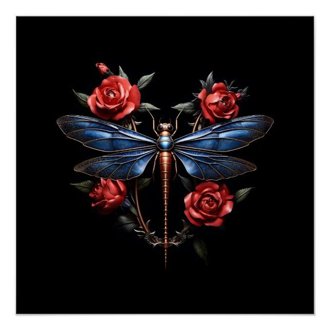 Poster Art captivant : libellule métallique aux roses rou (Devant)
