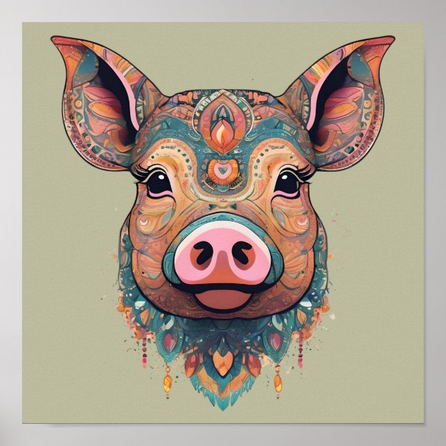 Poster Art coloré boho bohème de cochon en sauge fantaisi (Devant)