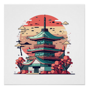 Poster Art coloré du bâtiment japonais