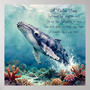Poster Art côtier à l'aquarelle de baleine bleue océaniqu