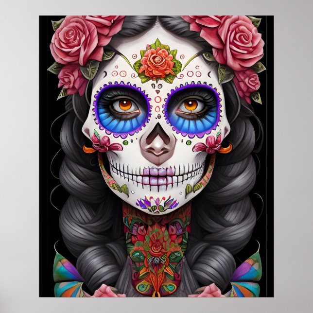 Poster Art crâne sucre - Femme dans le maquillage crâne s (Devant)