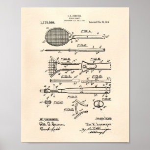 Poster Art de brevet de la raquette de tennis 1916 -