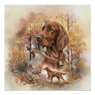 Poster Art de chasse d'automne Setter Irlandais et Faisan
