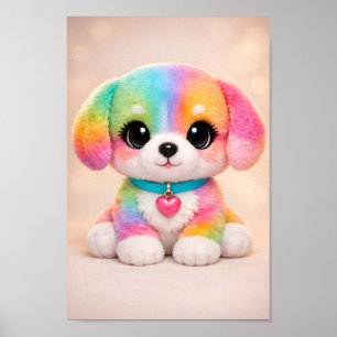 Poster Art de chiot kawaii arc-en-ciel pastel avec cœur