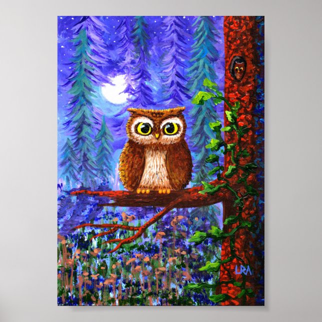 Poster Art de chouette fantaisiste Forêt Lune Creationart (Devant)