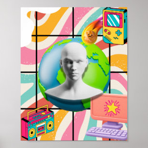 Poster Art de collage surréaliste rétro de buste de Terre