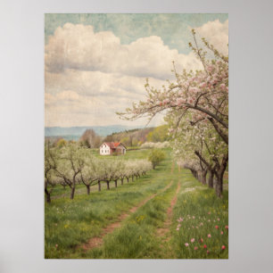 Poster Art de cottage de verger de floraison printanière 