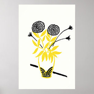 Poster Art de croquis de vase de fleurs jaunes