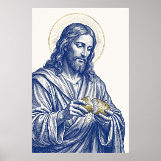 Poster Art de Jésus rompant le pain, gravure bleue