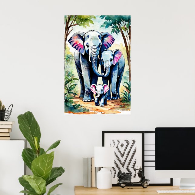 Poster Art de la famille des éléphants africains, Faune c (Bureau à domicile)