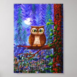 Poster Art de la forêt lunaire de la chouette fantaisiste