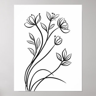 Poster Art de la ligne fleur sauvage Botanique noir et bl