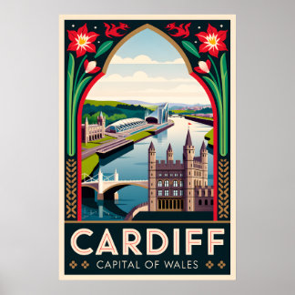 Poster Art de l'affiche de voyage rétro de Cardiff au Pay