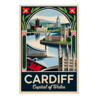 Poster Art de l'affiche de voyage rétro de Cardiff au Pay