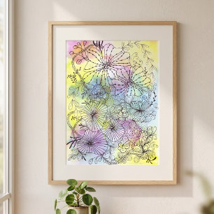 Poster Art de ligne floral noir fantaisiste aquarelle pas