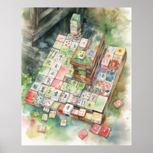 Poster Art de Mahjong à l'aquarelle