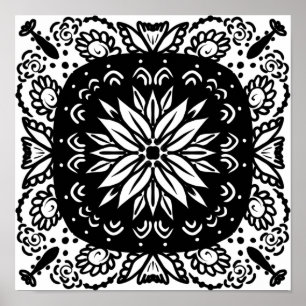 Poster Art de mandala doodle dessiné à la main noir blanc