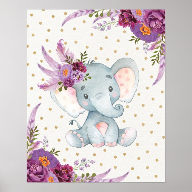 Poster Art de nurserie à l'éléphant floral violet, pannea (Devant)