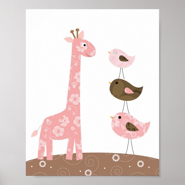 Poster Art de nurserie girafe et oiseau (Devant)
