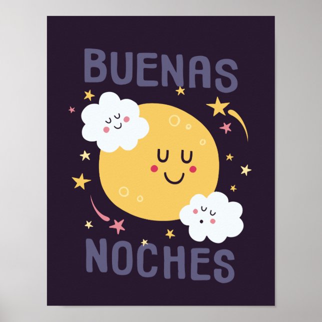 Poster Art de nurserie Lune et Étoiles Heureuses en espag (Devant)