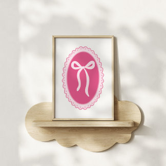 Poster Art de nurserie rose - Cadre ovale coquette et nœu