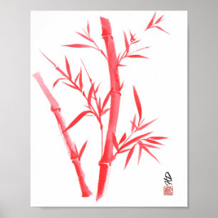 Poster Art de pinceau chinois en bambou rouge