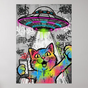 Poster Art de rue coloré Chat avec graffiti d'UFO