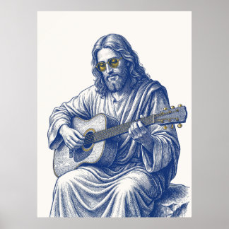 Poster Art de style gravure Jésus jouant de la guitare