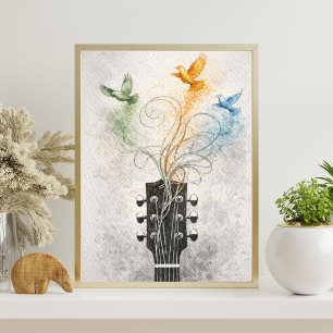 Poster art de tête de guitare   illustration d'oiseaux vo
