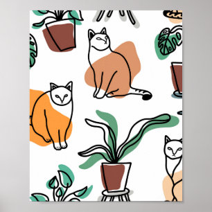 Poster Art de trait dessin chats et fleurs