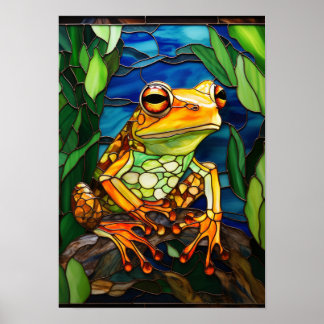 Poster Art de verre teinté de grenouille dans la forêt tr